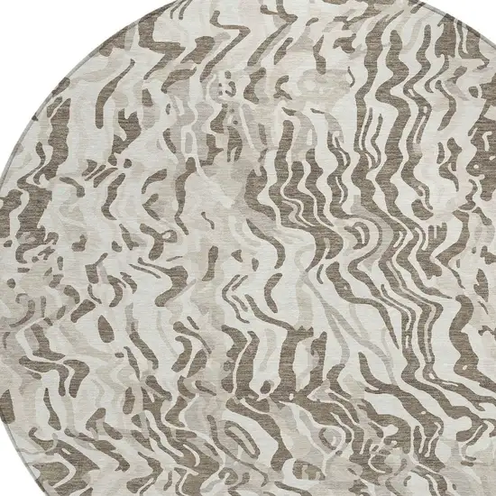 8' Gray Charcoal And Beige Round Abstract Washable Indoor Outdoor Area Rug Photo 4