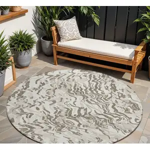 Photo of 8' Gray Charcoal And Beige Round Abstract Washable Indoor Outdoor Area Rug