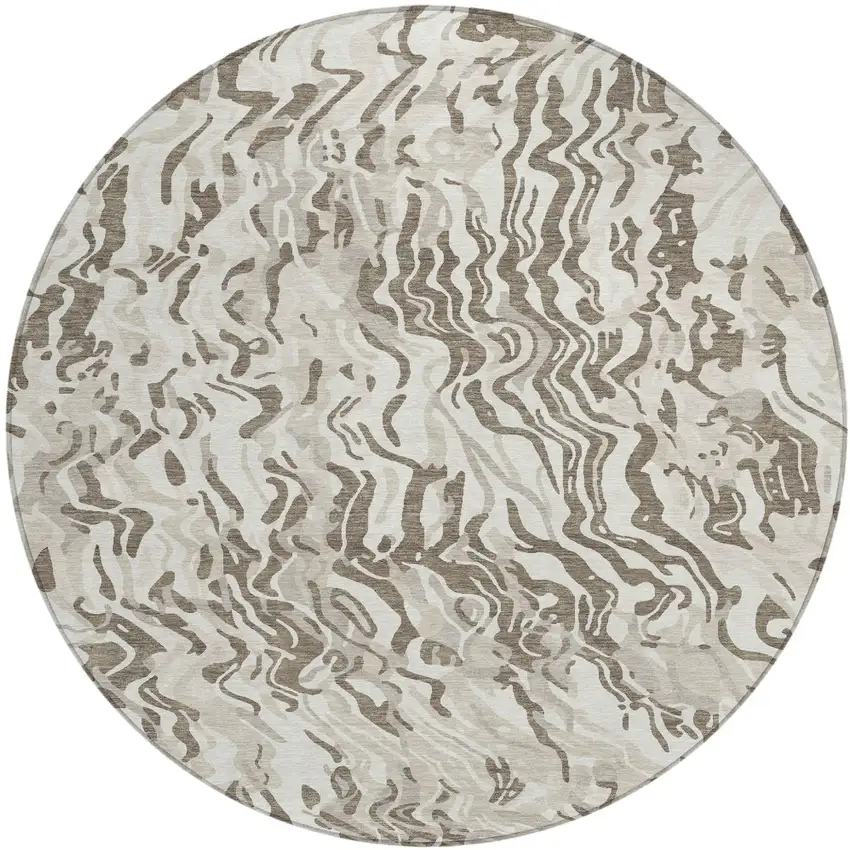 8' Gray Charcoal And Beige Round Abstract Washable Indoor Outdoor Area Rug Photo 2