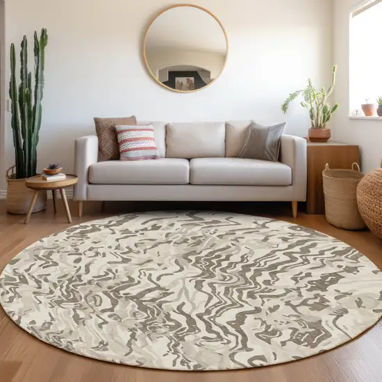 8' Gray Charcoal And Beige Round Abstract Washable Indoor Outdoor Area Rug Photo 7