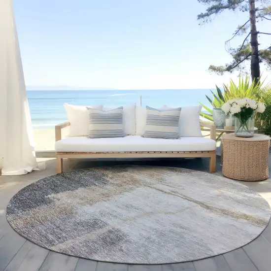 8' Gray Charcoal And Beige Round Abstract Washable Indoor Outdoor Area Rug Photo 6