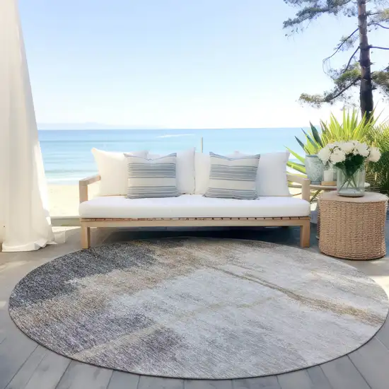 8' Gray Charcoal And Beige Round Abstract Washable Indoor Outdoor Area Rug Photo 6