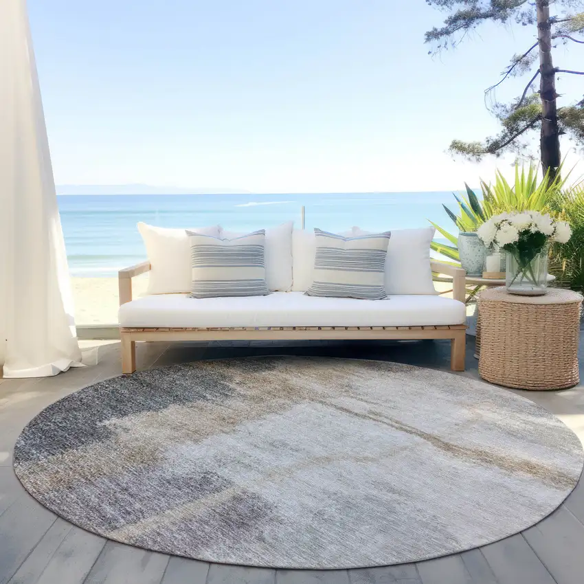 8' Gray Charcoal And Beige Round Abstract Washable Indoor Outdoor Area Rug Photo 6