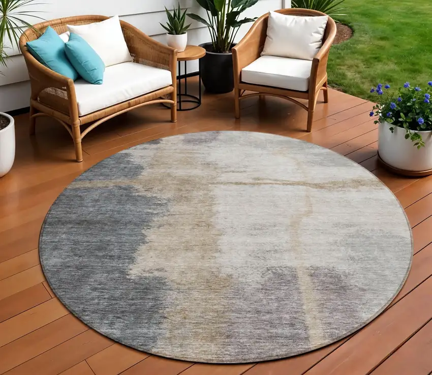 8' Gray Charcoal And Beige Round Abstract Washable Indoor Outdoor Area Rug Photo 1
