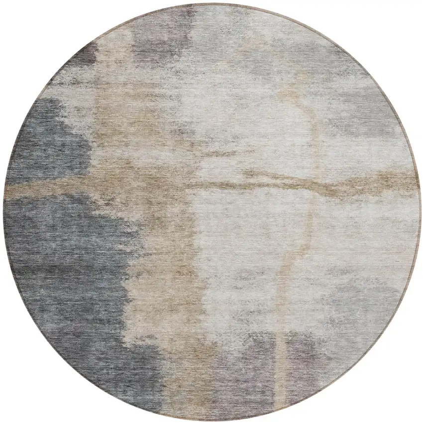 8' Gray Charcoal And Beige Round Abstract Washable Indoor Outdoor Area Rug Photo 2