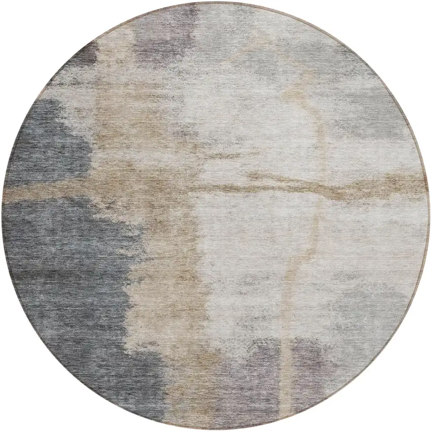 8' Gray Charcoal And Beige Round Abstract Washable Indoor Outdoor Area Rug Photo 2