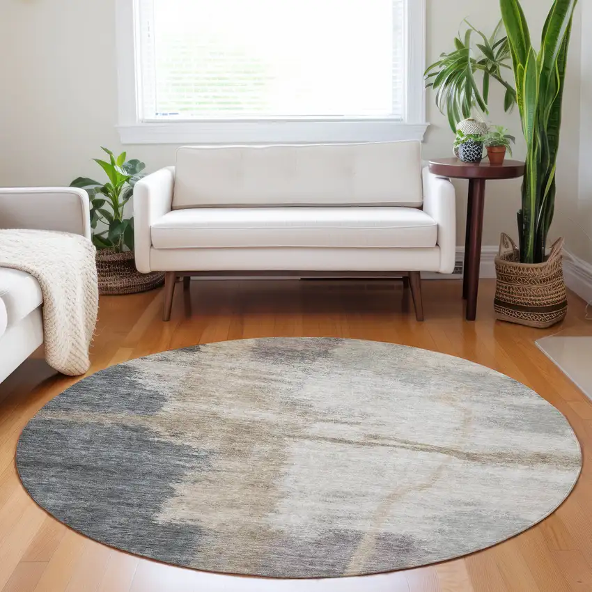 8' Gray Charcoal And Beige Round Abstract Washable Indoor Outdoor Area Rug Photo 7