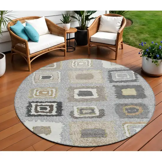 8' Gray Charcoal And Beige Round Geometric Washable Indoor Outdoor Area Rug Photo 2