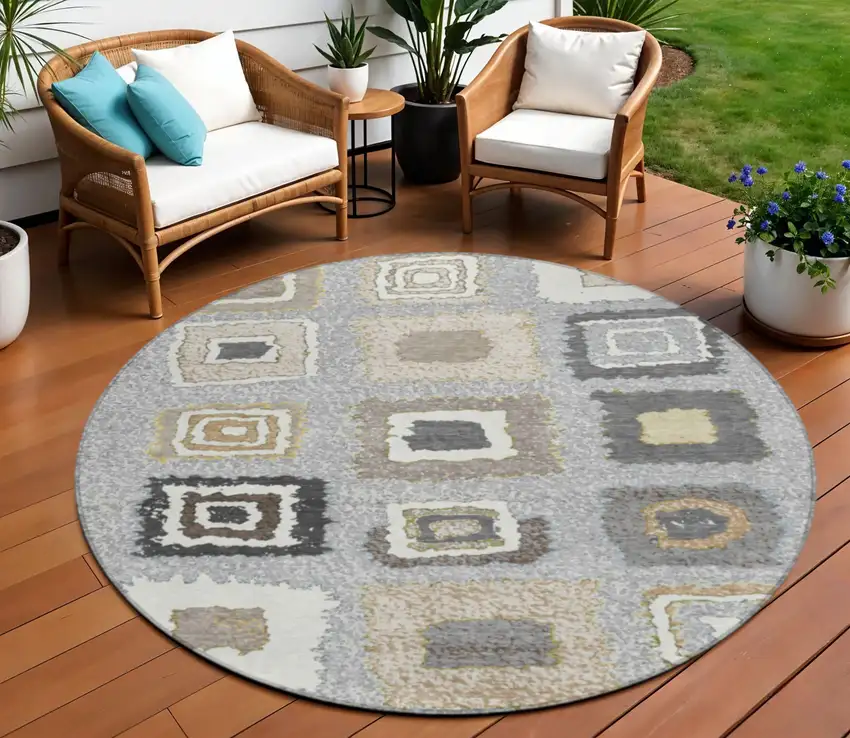 8' Gray Charcoal And Beige Round Geometric Washable Indoor Outdoor Area Rug Photo 2