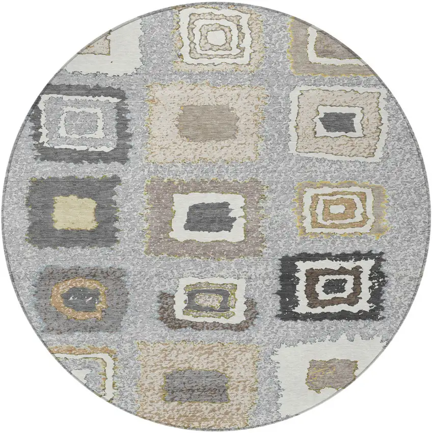 8' Gray Charcoal And Beige Round Geometric Washable Indoor Outdoor Area Rug Photo 4