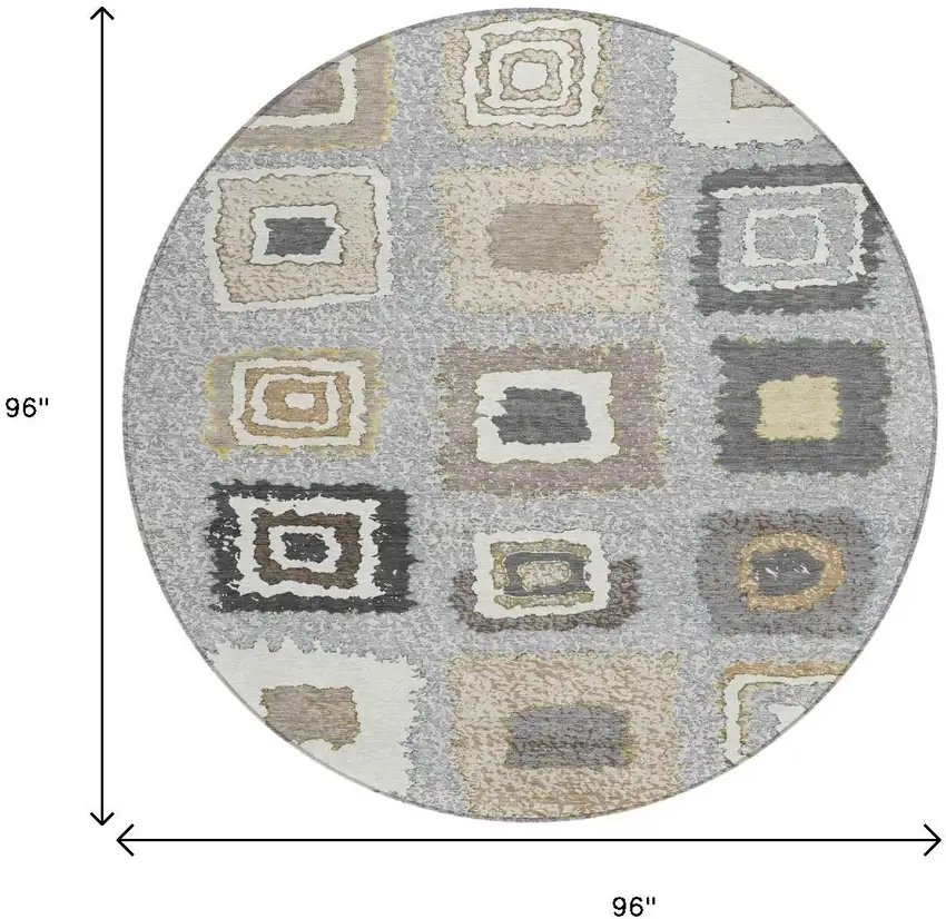 8' Gray Charcoal And Beige Round Geometric Washable Indoor Outdoor Area Rug Photo 8