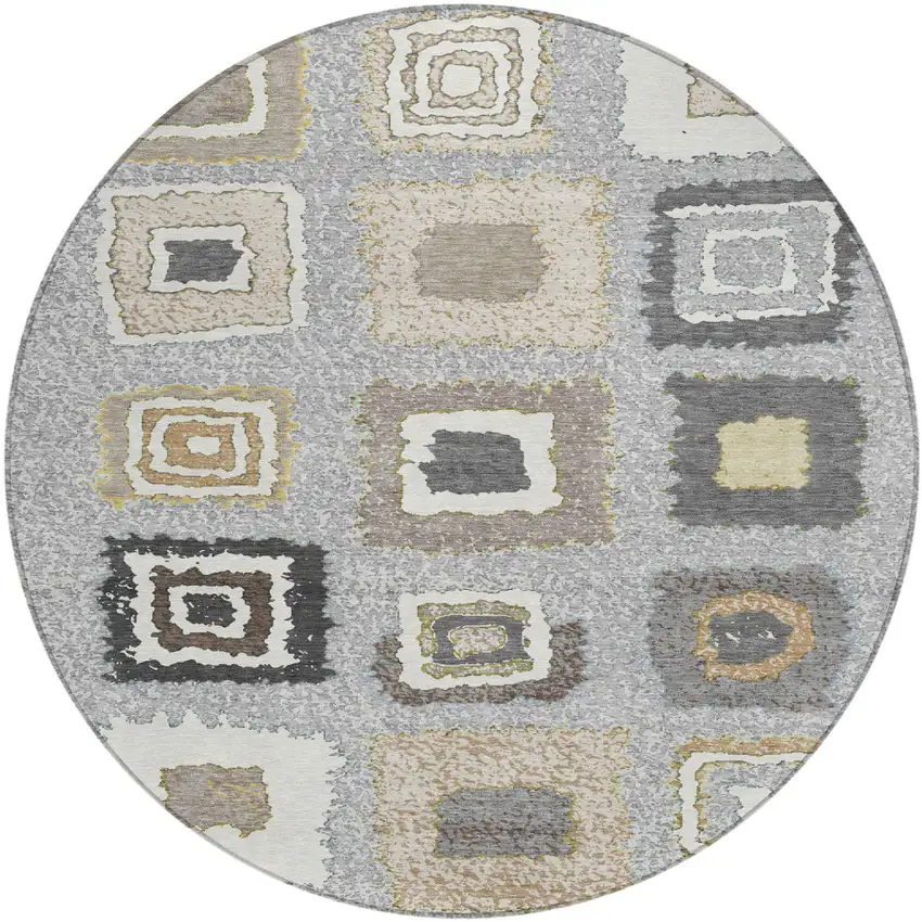 8' Gray Charcoal And Beige Round Geometric Washable Indoor Outdoor Area Rug Photo 1