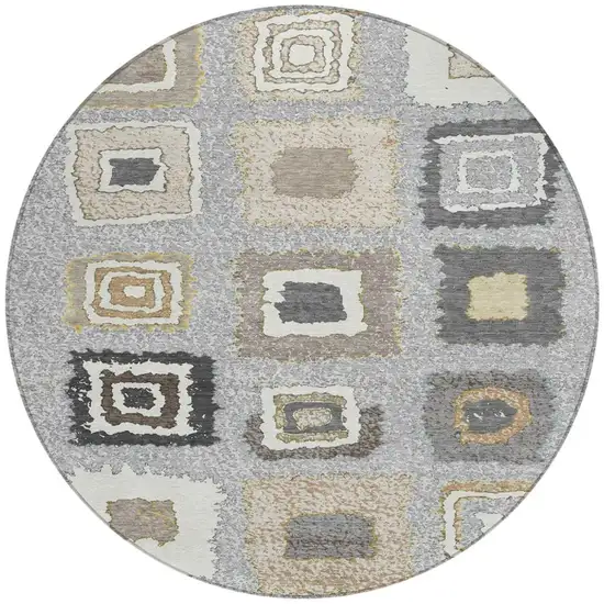 8' Gray Charcoal And Beige Round Geometric Washable Indoor Outdoor Area Rug Photo 3