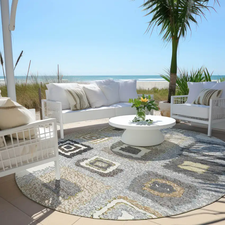 8' Gray Charcoal And Beige Round Geometric Washable Indoor Outdoor Area Rug Photo 5