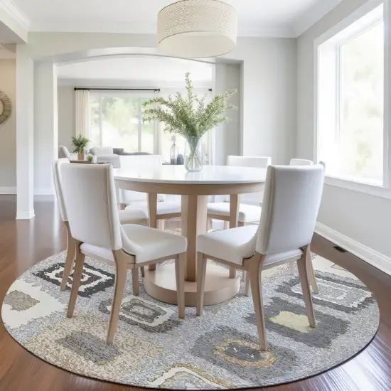 8' Gray Charcoal And Beige Round Geometric Washable Indoor Outdoor Area Rug Photo 6