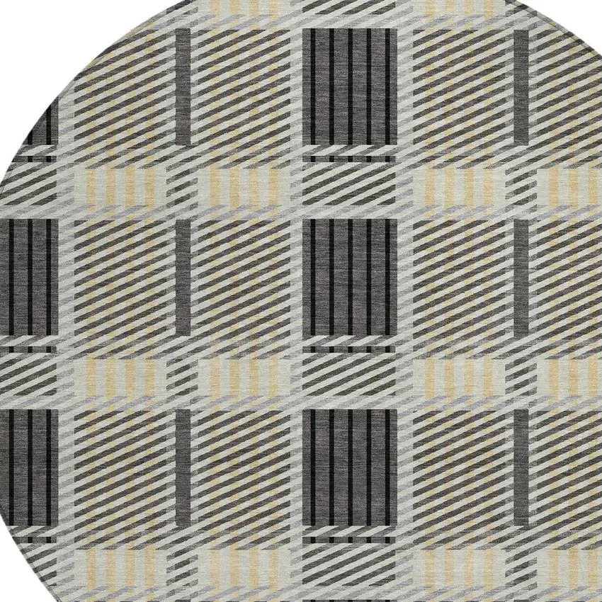 8' Gray Charcoal And Black Round Plaid Washable Indoor Outdoor Area Rug Photo 4