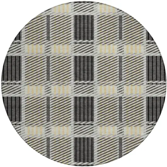 8' Gray Charcoal And Black Round Plaid Washable Indoor Outdoor Area Rug Photo 2