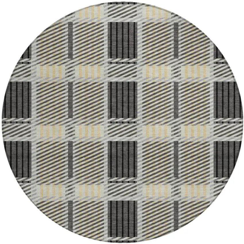 8' Gray Charcoal And Black Round Plaid Washable Indoor Outdoor Area Rug Photo 2