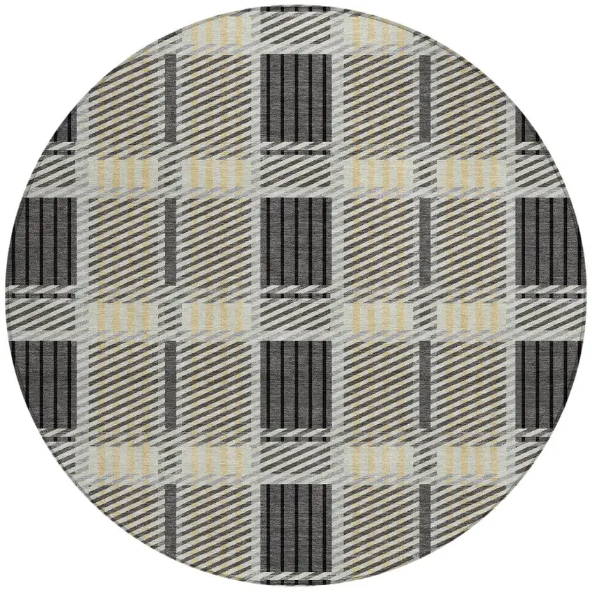 8' Gray Charcoal And Black Round Plaid Washable Indoor Outdoor Area Rug Photo 6