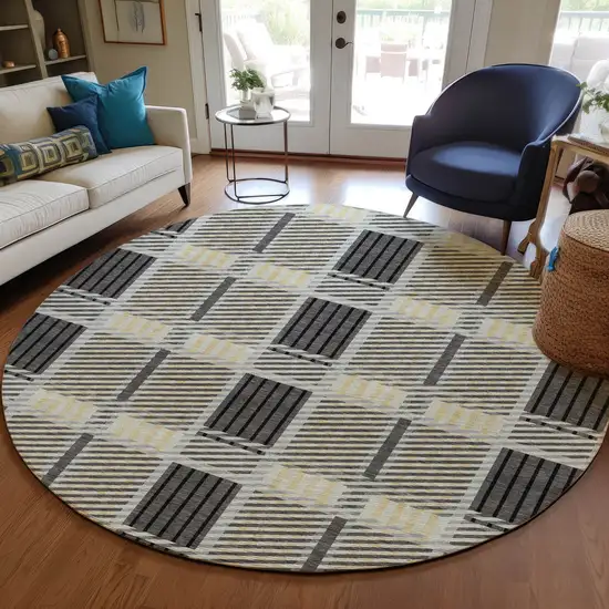 8' Gray Charcoal And Black Round Plaid Washable Indoor Outdoor Area Rug Photo 8
