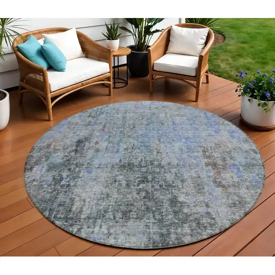 8' Gray Charcoal And Blue Round Abstract Washable Indoor Outdoor Area Rug Photo 1