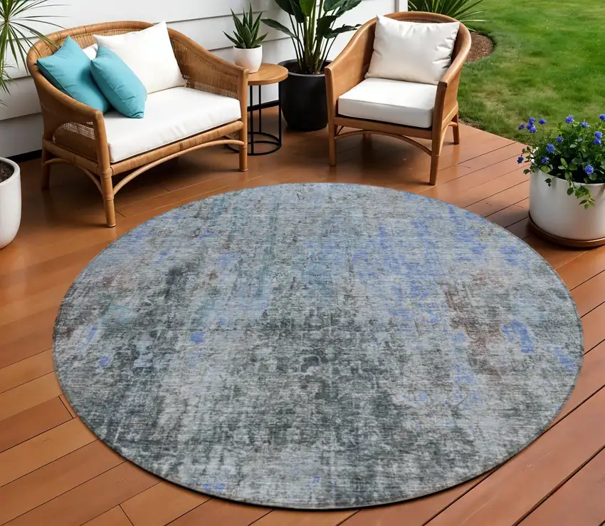 8' Gray Charcoal And Blue Round Abstract Washable Indoor Outdoor Area Rug Photo 1