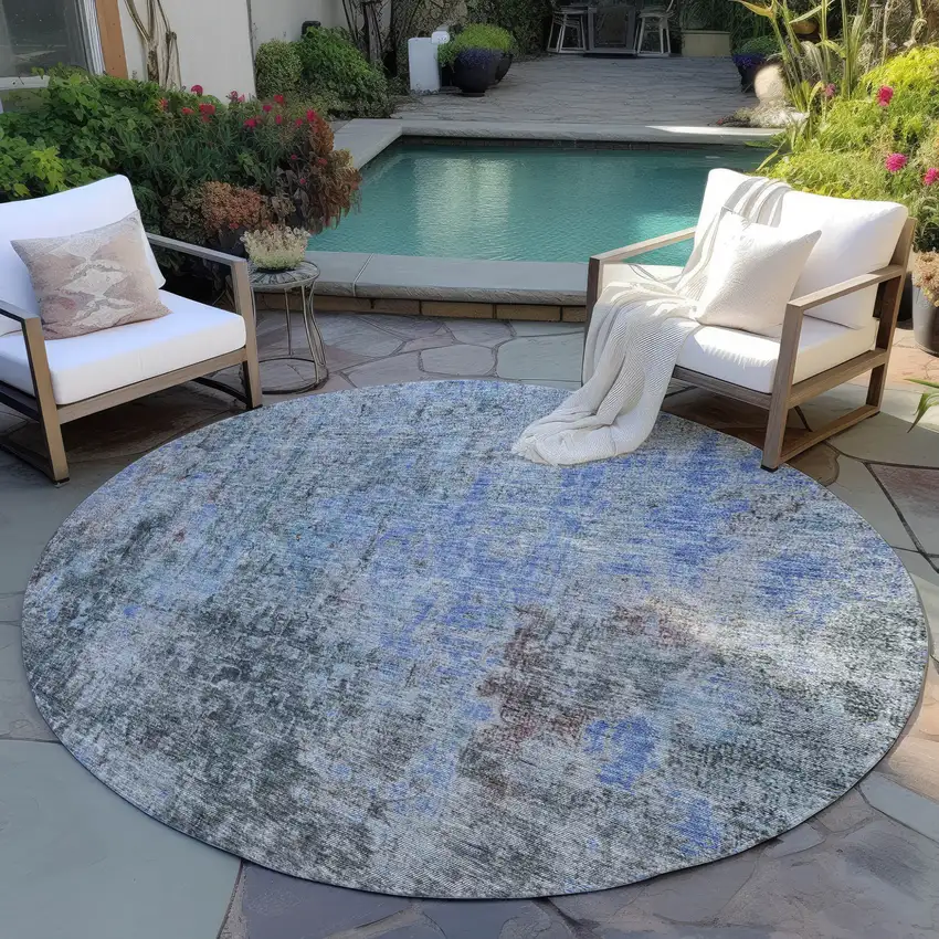 8' Gray Charcoal And Blue Round Abstract Washable Indoor Outdoor Area Rug Photo 7