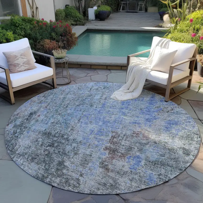 8' Gray Charcoal And Blue Round Abstract Washable Indoor Outdoor Area Rug Photo 7