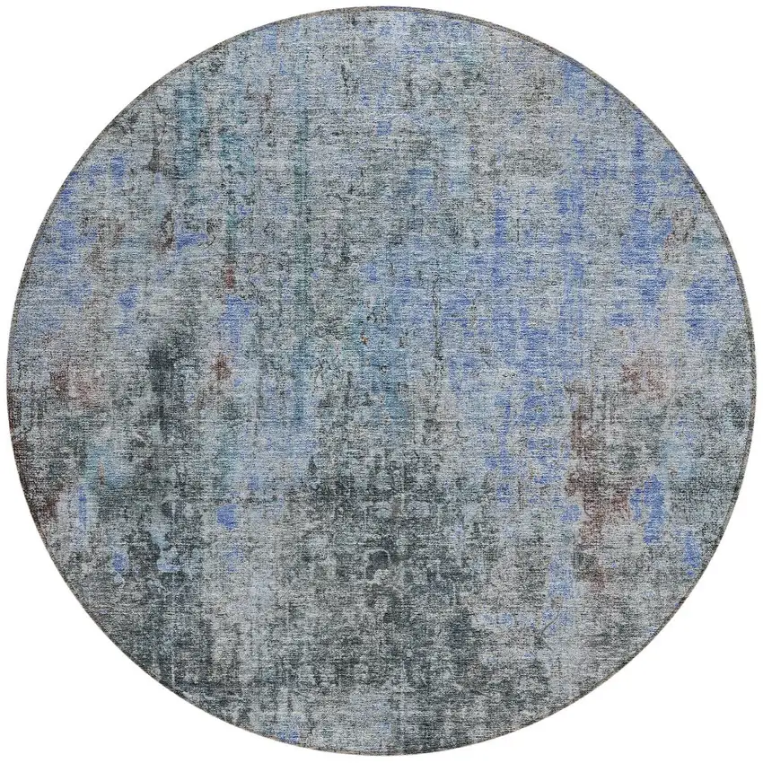 8' Gray Charcoal And Blue Round Abstract Washable Indoor Outdoor Area Rug Photo 6