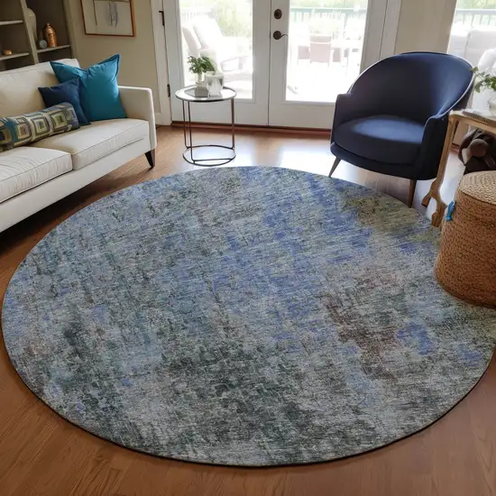 8' Gray Charcoal And Blue Round Abstract Washable Indoor Outdoor Area Rug Photo 8