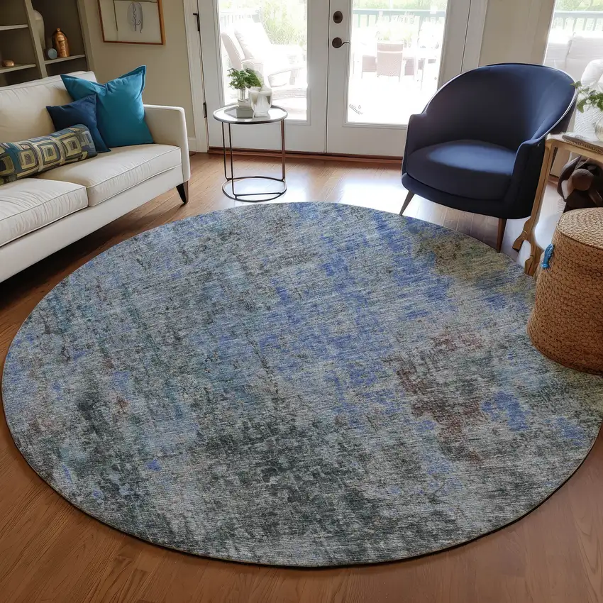 8' Gray Charcoal And Blue Round Abstract Washable Indoor Outdoor Area Rug Photo 8