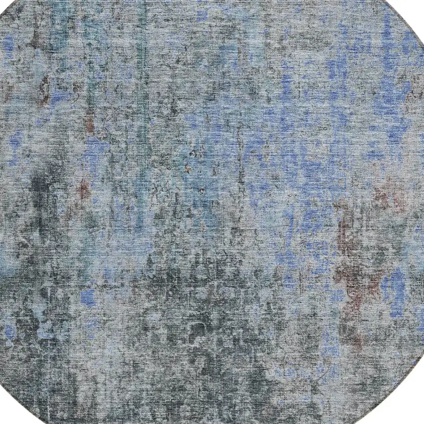 8' Gray Charcoal And Blue Round Abstract Washable Indoor Outdoor Area Rug Photo 5