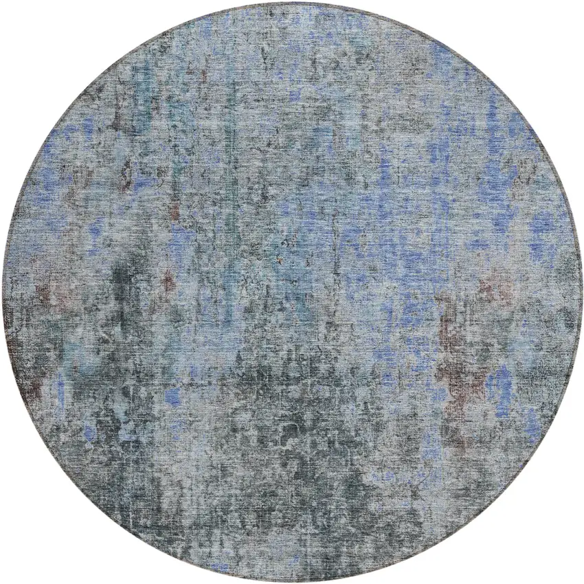 8' Gray Charcoal And Blue Round Abstract Washable Indoor Outdoor Area Rug Photo 2