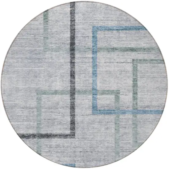 8' Gray Charcoal And Blue Round Geometric Washable Indoor Outdoor Area Rug Photo 3