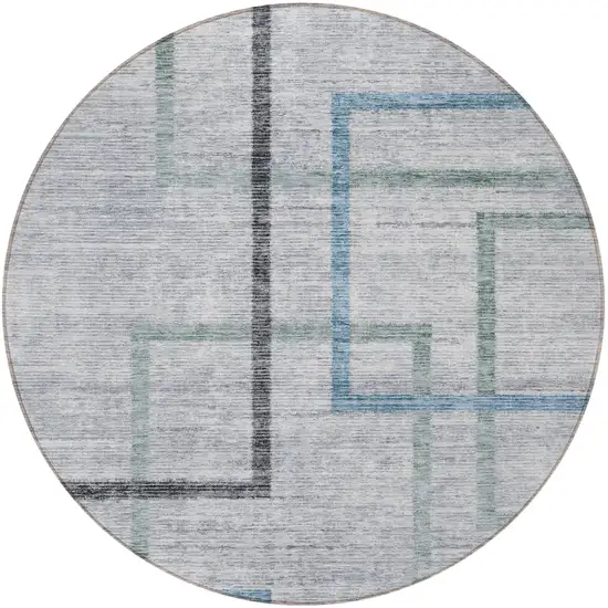 8' Gray Charcoal And Blue Round Geometric Washable Indoor Outdoor Area Rug Photo 3