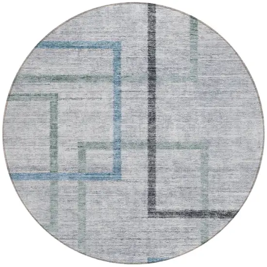 8' Gray Charcoal And Blue Round Geometric Washable Indoor Outdoor Area Rug Photo 2