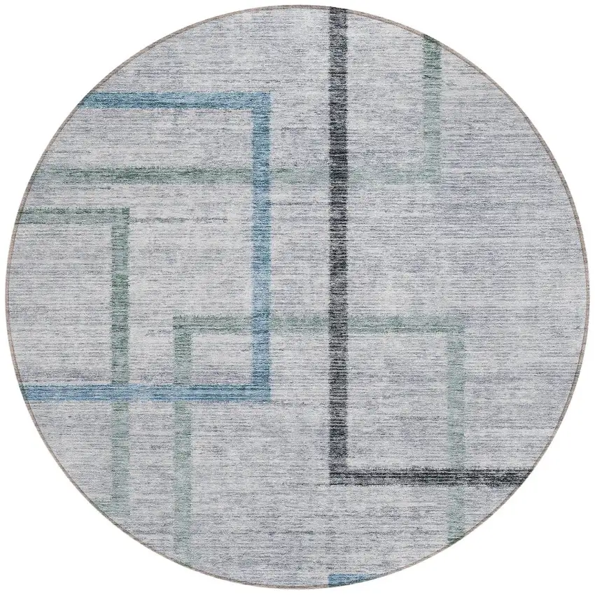 8' Gray Charcoal And Blue Round Geometric Washable Indoor Outdoor Area Rug Photo 2
