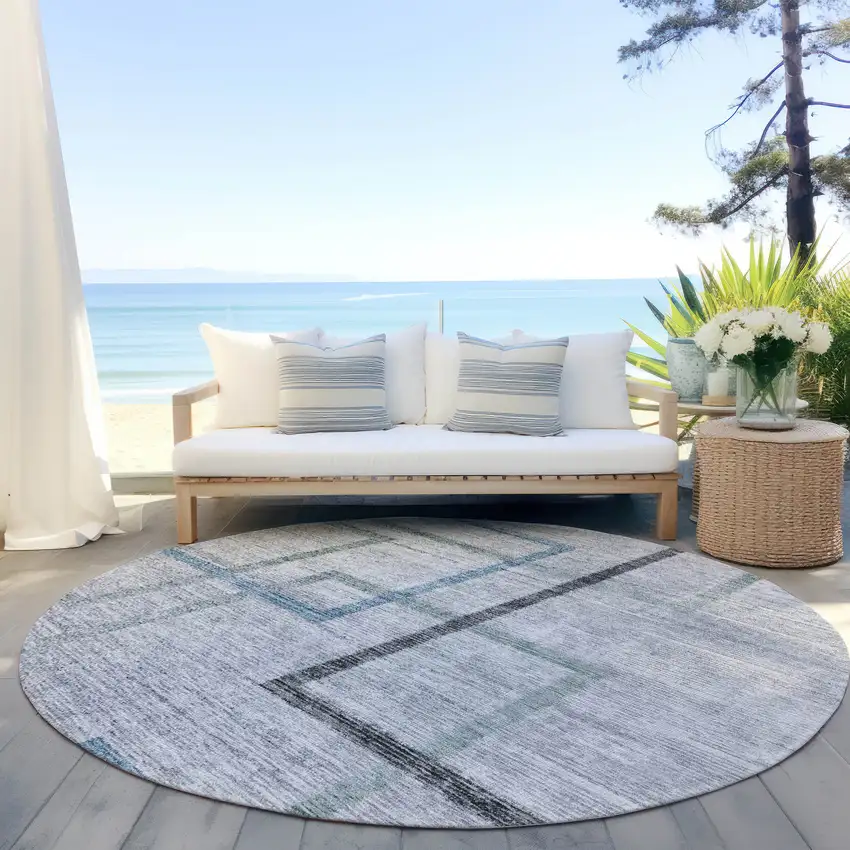 8' Gray Charcoal And Blue Round Geometric Washable Indoor Outdoor Area Rug Photo 4