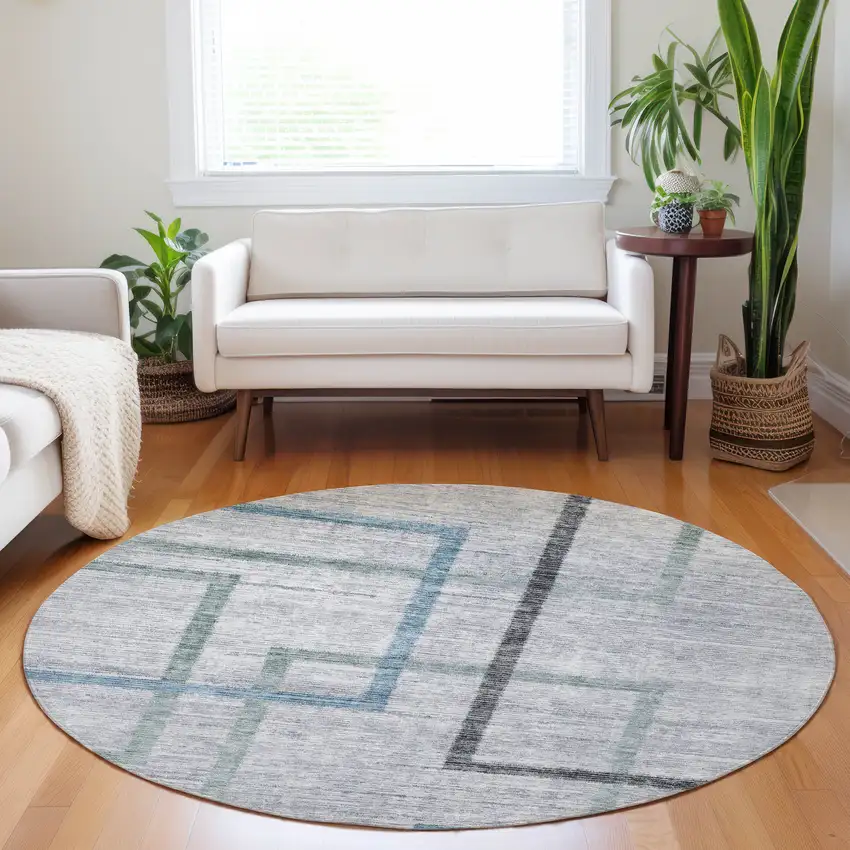8' Gray Charcoal And Blue Round Geometric Washable Indoor Outdoor Area Rug Photo 5