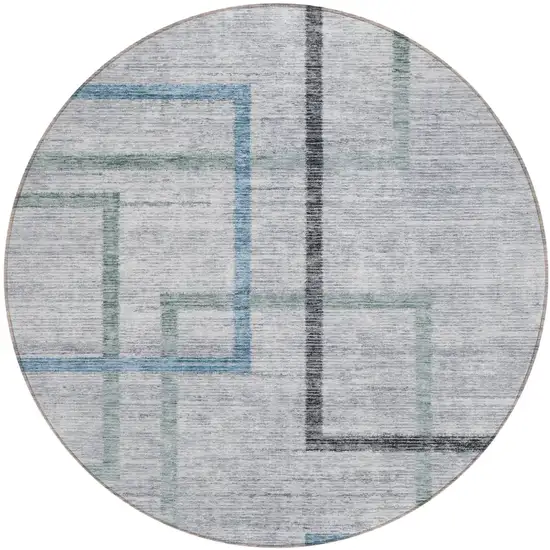 8' Gray Charcoal And Blue Round Geometric Washable Indoor Outdoor Area Rug Photo 1