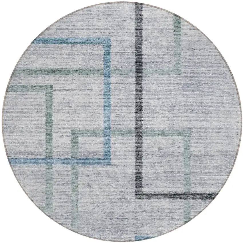 8' Gray Charcoal And Blue Round Geometric Washable Indoor Outdoor Area Rug Photo 1