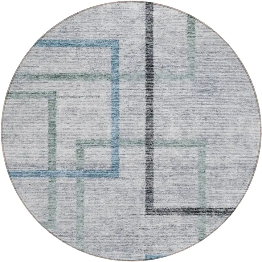 8' Gray Charcoal And Blue Round Geometric Washable Indoor Outdoor Area Rug Photo 1