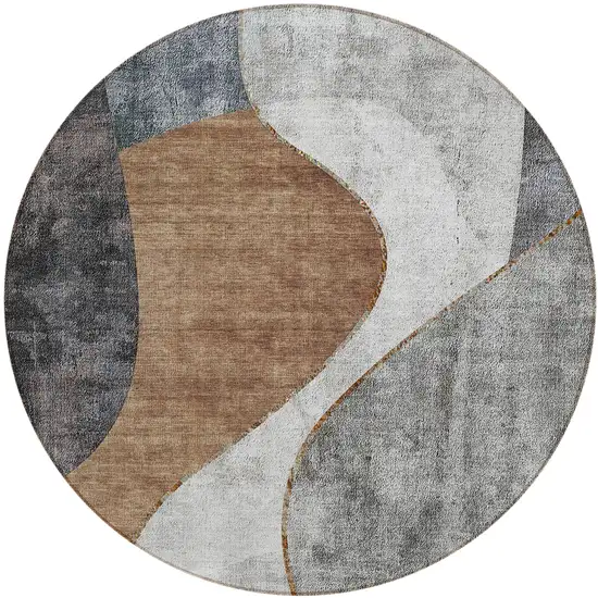 8' Gray Charcoal And Brown Round Abstract Washable Indoor Outdoor Area Rug Photo 1