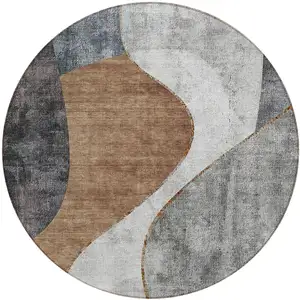 Photo of 8' Gray Charcoal And Brown Round Abstract Washable Indoor Outdoor Area Rug