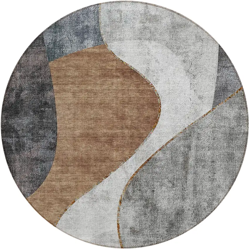 8' Gray Charcoal And Brown Round Abstract Washable Indoor Outdoor Area Rug Photo 1