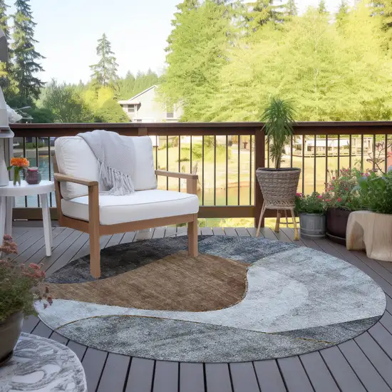 8' Gray Charcoal And Brown Round Abstract Washable Indoor Outdoor Area Rug Photo 6
