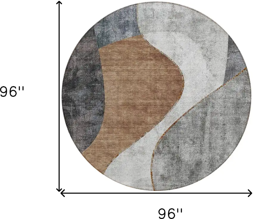 8' Gray Charcoal And Brown Round Abstract Washable Indoor Outdoor Area Rug Photo 8