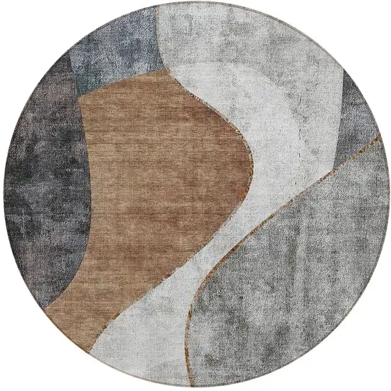 8' Gray Charcoal And Brown Round Abstract Washable Indoor Outdoor Area Rug Photo 5