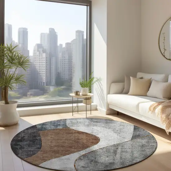 8' Gray Charcoal And Brown Round Abstract Washable Indoor Outdoor Area Rug Photo 7