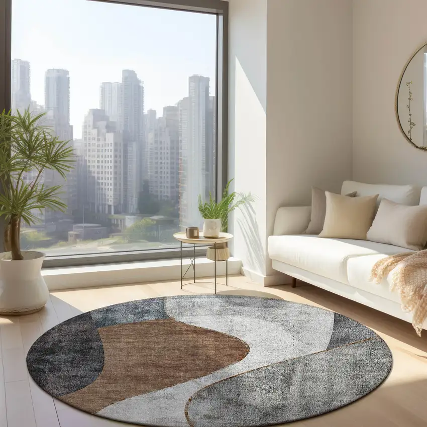 8' Gray Charcoal And Brown Round Abstract Washable Indoor Outdoor Area Rug Photo 7